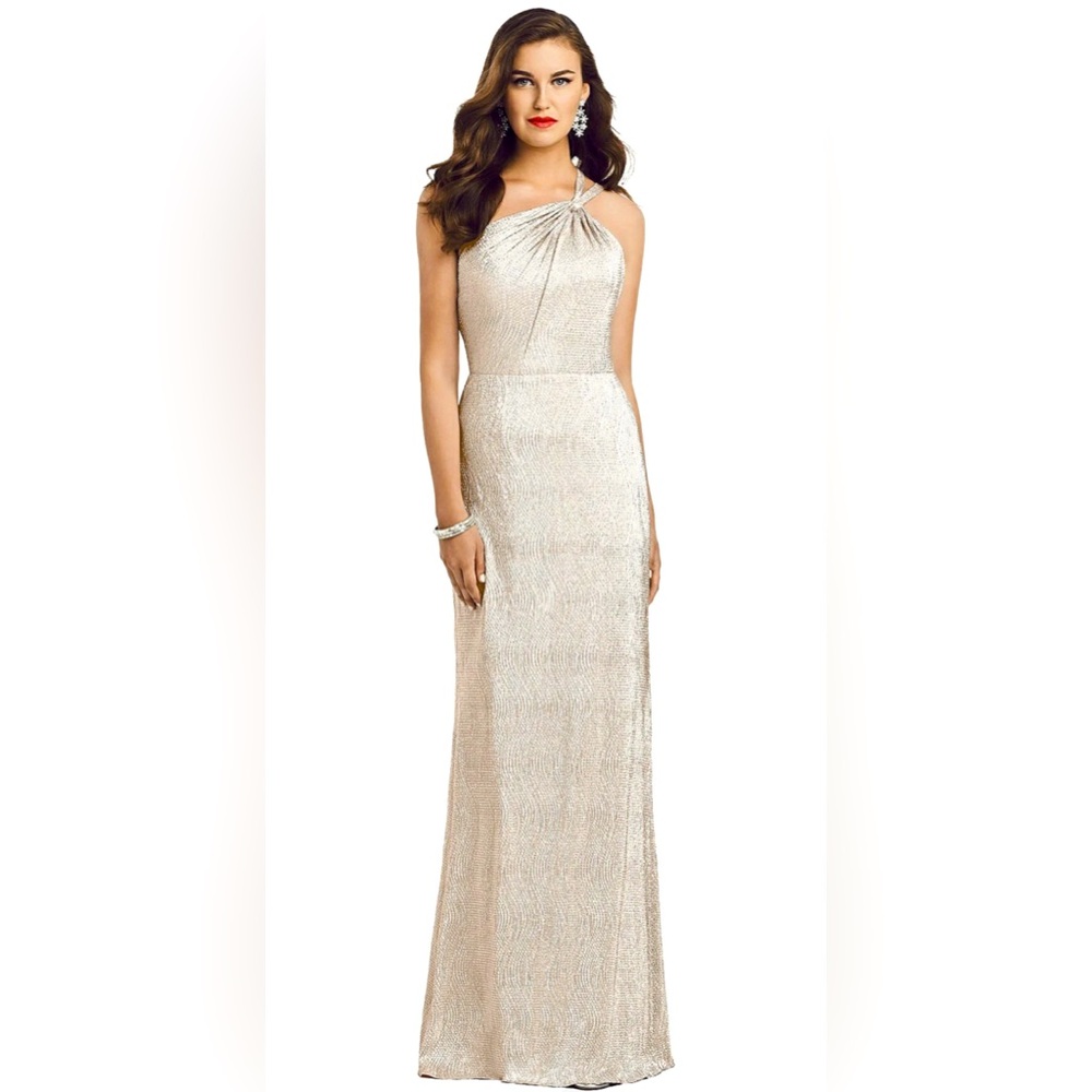 Dessy Collection 3064 NWT! One shoulder twist metallic trumpet gown Size 16R